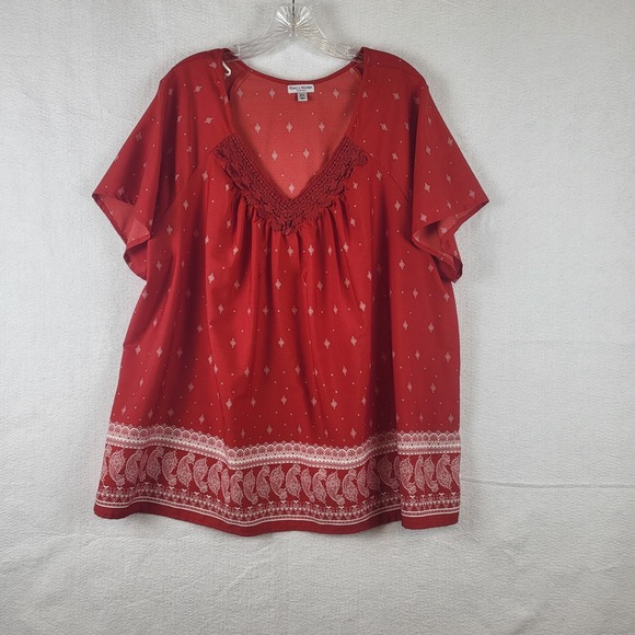 Rebecca Malone Tops - Rebecca Malone Plus Size Red Lace Trim Short Sleeve Blouse Top‎ Women Size 2XL